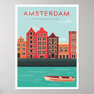 Amsterdam Netherlands Vintage Travel Illustration Poster