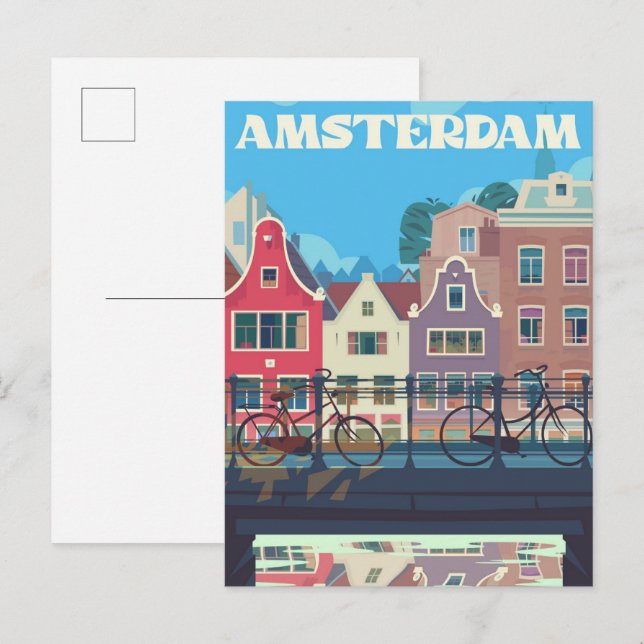 Amsterdam Netherlands Vintage Travel Illustration Postkarte (Vorne/Hinten)