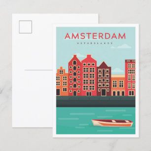 Amsterdam Netherlands Vintage Travel Illustration Postkarte