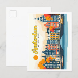 Amsterdam Netherlands Vintage Travel Illustration Postkarte