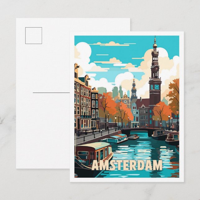 Amsterdam Netherlands Vintage Travel Illustration Postkarte (Vorne/Hinten)