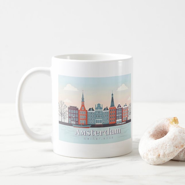 Amsterdam Niederlande Damrak Pastel Travel Design Kaffeetasse (Mit Donut)