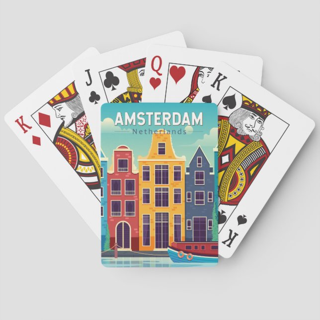 Amsterdam Niederlande farbenfrohe Häuser Reisen Re Spielkarten (Rückseite)