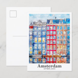 Amsterdam Niederlande Reise Wasserfarbe Handgezeic Postkarte