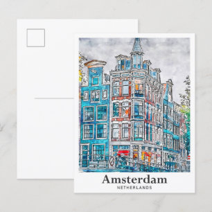 Amsterdam Niederlande Reise Wasserfarbe Handgezeic Postkarte