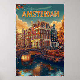 Amsterdam Niederlande Vintag Illustration Travel Poster
