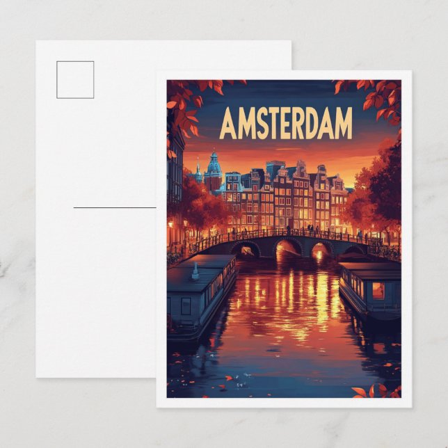 Amsterdam Niederlande Vintag Illustration Travel Postkarte (Vorne/Hinten)
