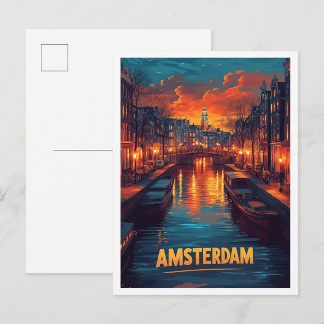 Amsterdam Niederlande Vintag Illustration Travel Postkarte (Vorne/Hinten)