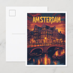Amsterdam Niederlande Vintag Illustration Travel Postkarte
