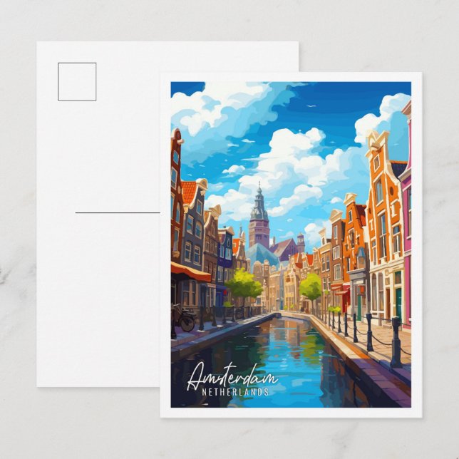 Amsterdam Niederlande Vintage Illustration Postkarte (Vorne/Hinten)