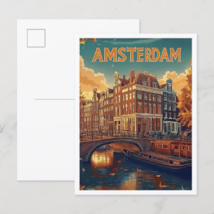Amsterdam Niederlande Vintage-Illustration Reise Postkarte
