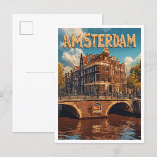 Amsterdam Niederlande Vintage-Illustration Reise Postkarte
