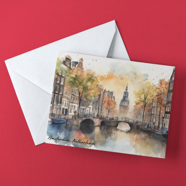 Amsterdam Niederlande Wassercolor Panorama View Postkarte (amsterdam netherlands watercolor travel postcard)