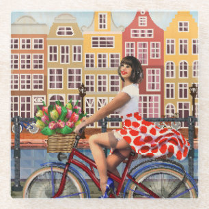 Amsterdam Plakat: Pin-Up-Girl beim Radfahren. Glasuntersetzer