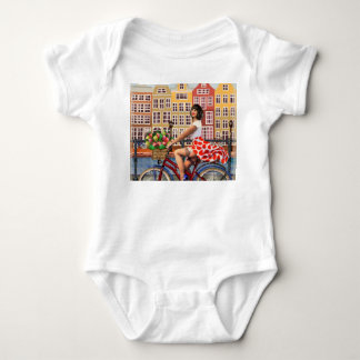 Amsterdam Poster: Button-Up Girl Cycling. Baby Strampler