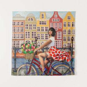 Amsterdam Poster: Button-Up Girl Cycling. Wandteppich