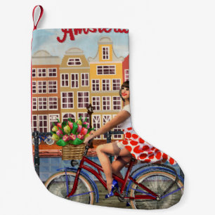 Amsterdam Poster: Pin-Up-Girl beim Radfahren. Kleiner Weihnachtsstrumpf