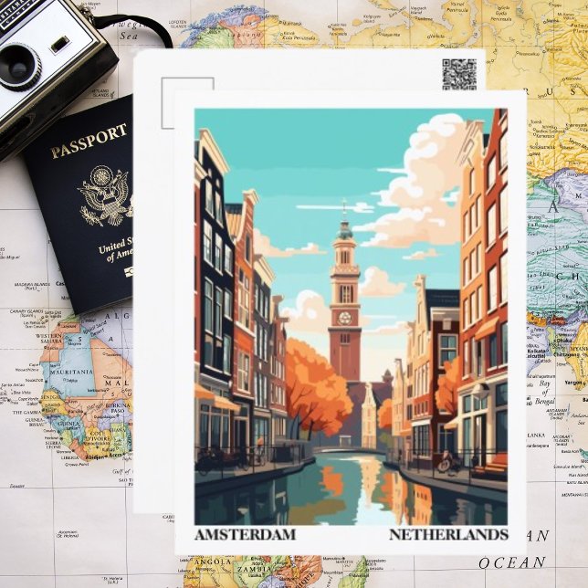 Amsterdam Retro Illustration Travel Postkarte (Amsterdam Illustration Postcard )