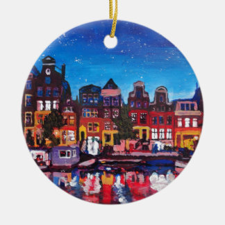Amsterdam-Skyline mit Kanal nachts Keramik Ornament