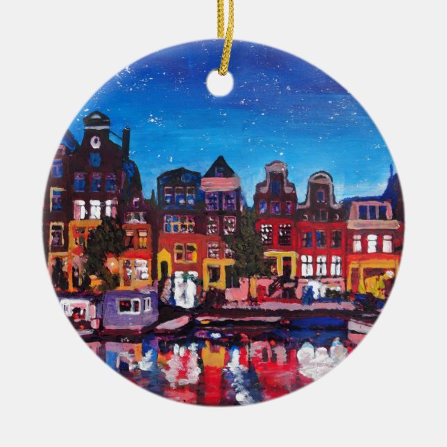 Amsterdam-Skyline mit Kanal nachts Keramik Ornament (Vorne)