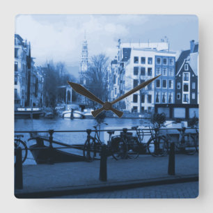 Amsterdam-Stadt-Ansicht-Delftware-Ähnliche Wanduh Quadratische Wanduhr