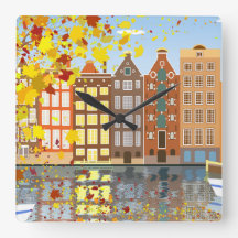 Amsterdam-Stadt-Kanal-Herbst-bunte Wanduhr
