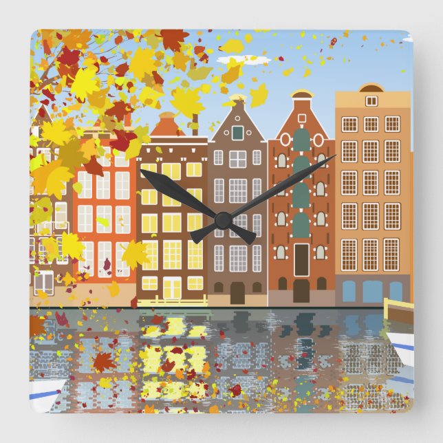 Amsterdam-Stadt-Kanal-Herbst-bunte Wanduhr (Vorderseite)