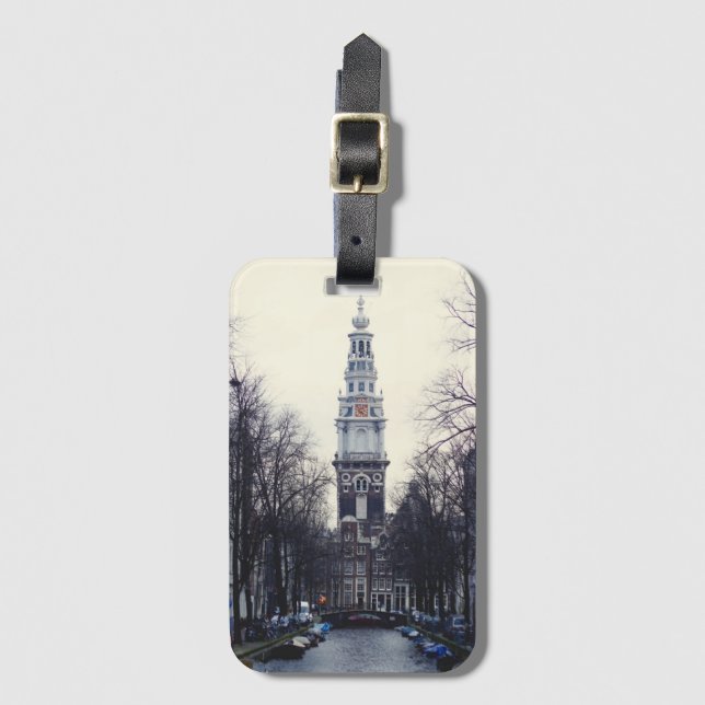 Amsterdam Winter Canal Tower Church Foto Gepäckanhänger (Vorderseite Vertikal)