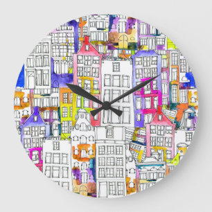 Amsterdamer Häuser: Aquarellfarbenes nahtloses Mus Große Wanduhr