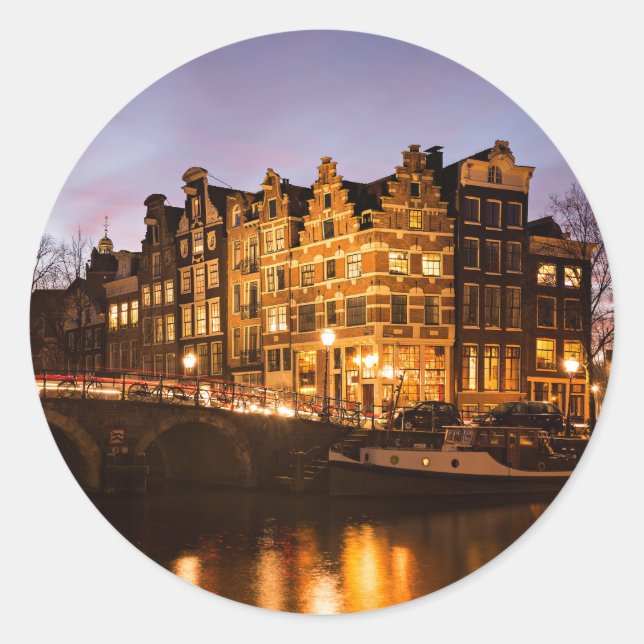 Amsterdamer Kanalhäuser am nächtlichen Rundaufkleb Runder Aufkleber (Vorderseite)
