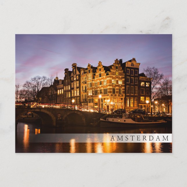 Amsterdamer Kanalhäuser bei dusk Bar Postcard Postkarte (Vorderseite)