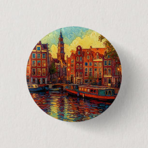 Amsterdamer Kanalhäuser im Stil von van Gogh Button