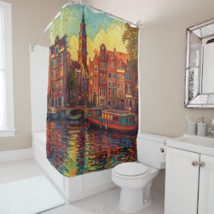 Amsterdamer Kanalhäuser im Stil von van Gogh Duschvorhang
