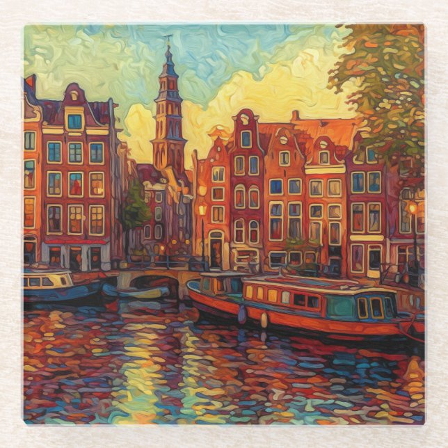 Amsterdamer Kanalhäuser im Stil von van Gogh Glasuntersetzer (Vorderseite)