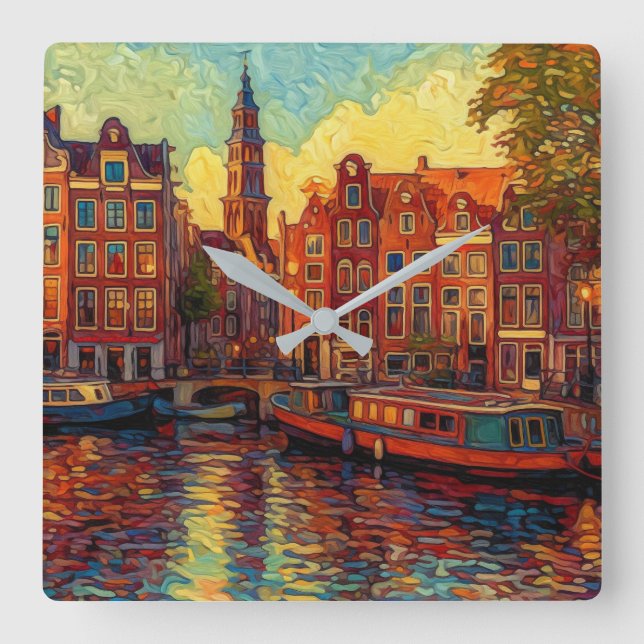 Amsterdamer Kanalhäuser im Stil von van Gogh Quadratische Wanduhr (Vorderseite)