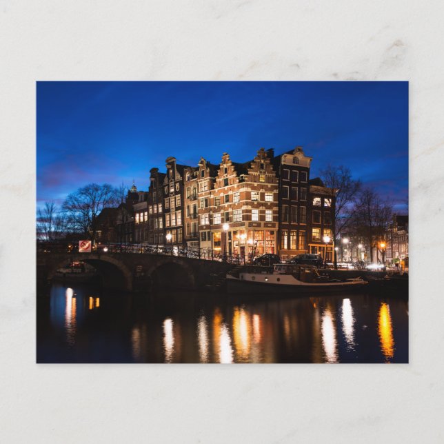 Amsterdamer Kanalhäuser nachts Postkarte (Vorderseite)