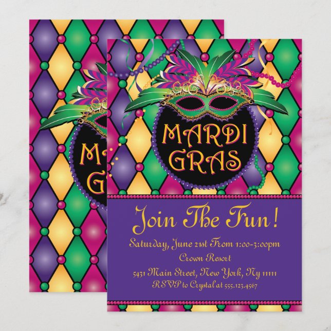 Amusant et festif, Mardi Gras Invitations (Devant / Derrière)