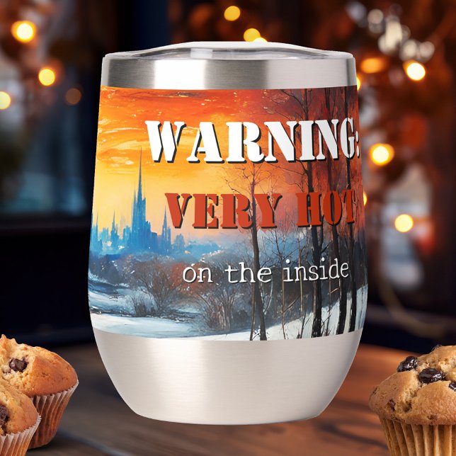 Amusant paysage hivernal Tumbler isolé (Insulated tumbler featuring your funny texts on a fine art winter landscape painting - hot cold joke)