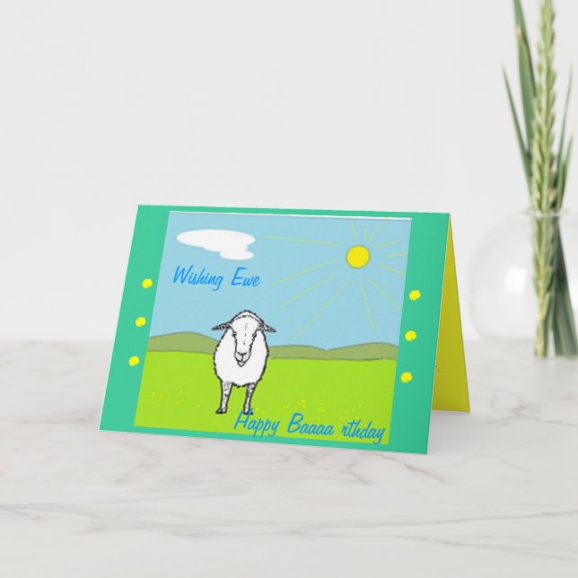 Amusante carte d'anniversaire, avec des moutons. (Devant)