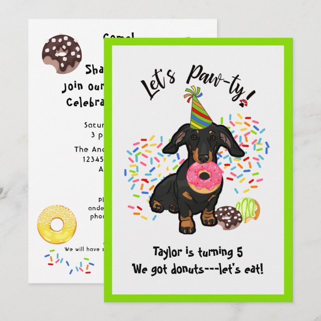 Amusante Dachshund Donut Invitation de fête d'anni (Devant / Derrière)