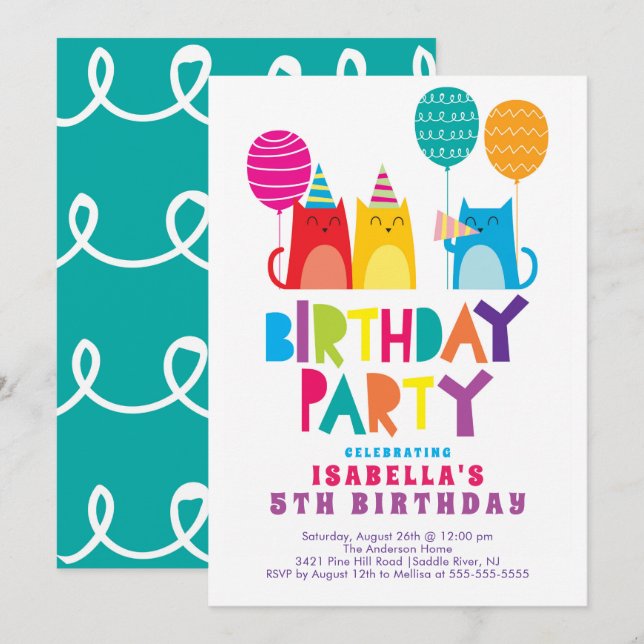 Amusants Chats Anniversaire Fête Invitation (Devant / Derrière)