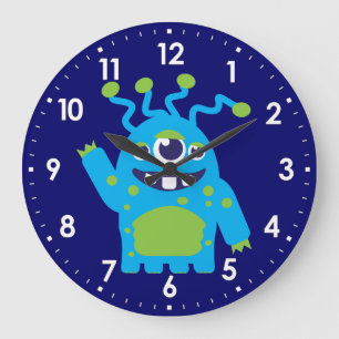 Amusants enfants alien bleu, blanc vert horloge mu