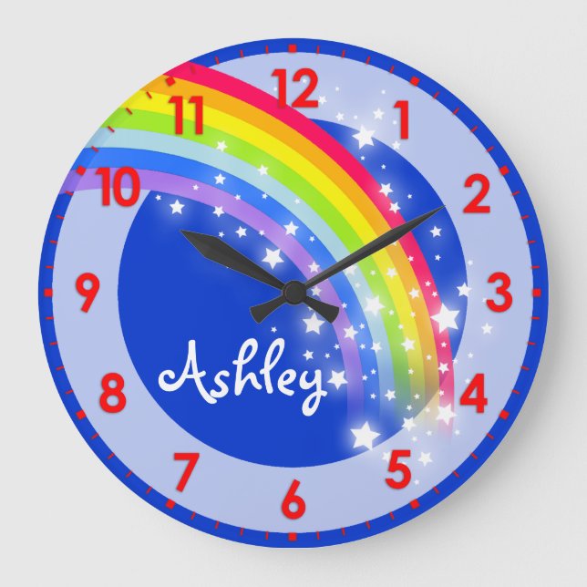 Amusants enfants Rainbow nom bleu mur horloge (Recto)