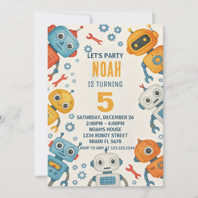 Amusants Robot Anniversaire Invitation pour enfant (Devant)
