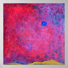 An abstract painting of a blue sun and a red sky. poster
