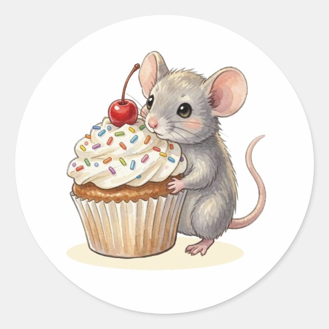 An Adorable Birthday Mouse with Cupcake Runder Aufkleber (Vorderseite)