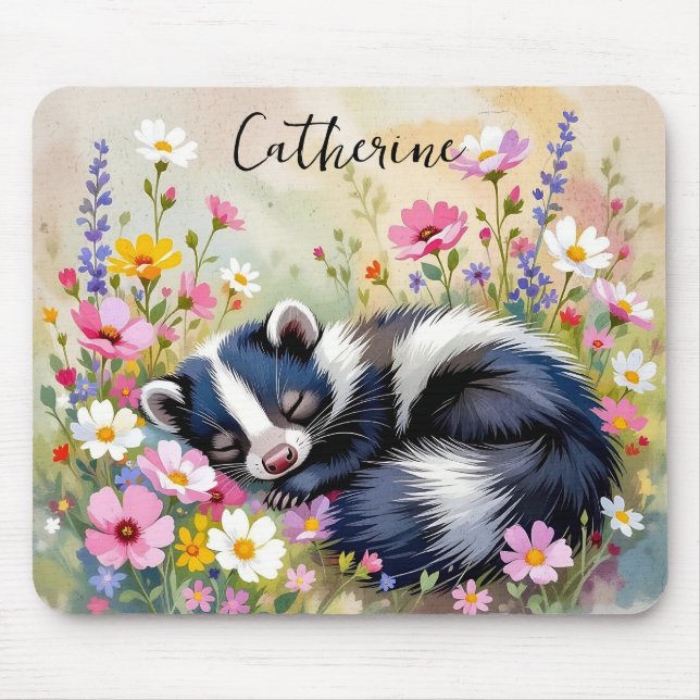 An Adorable Skunk Napping in Flowers Personalized Mousepad (Vorne)