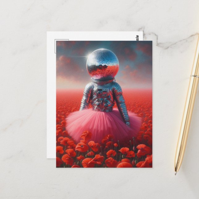 An astronaut in a pink tutu disco ball head  postkarte (Vorderseite/Rückseite Beispiel)