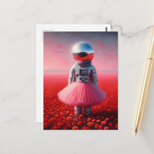 An astronaut in a tutu disco ball head poppies postkarte (Vorderseite/Rückseite Beispiel)
