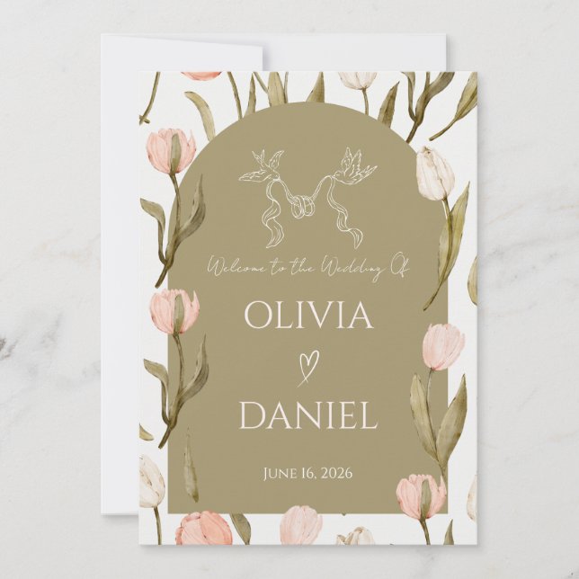 An elegant wedding invitation in olive green    (Vorderseite)